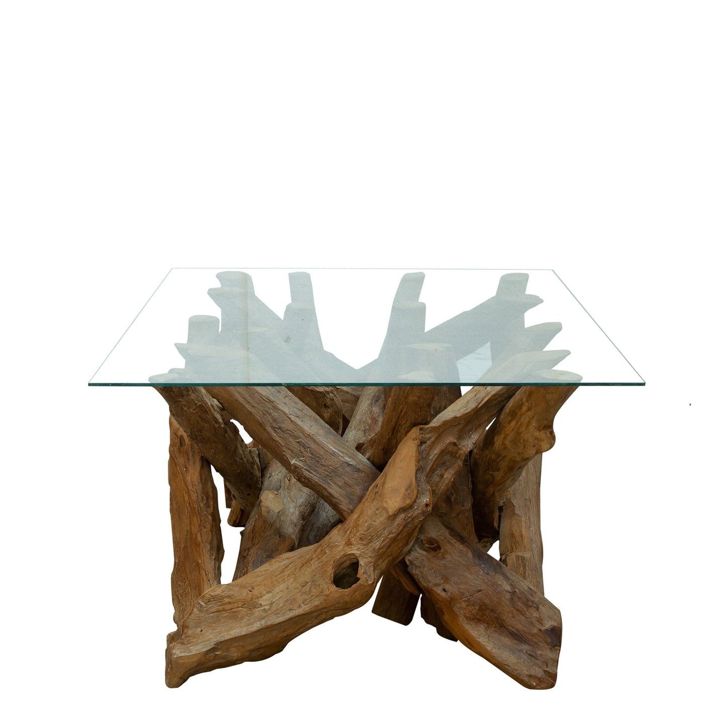 Twiggy - Coffee Table In Tempered Glass & Natural Teak Tree Root