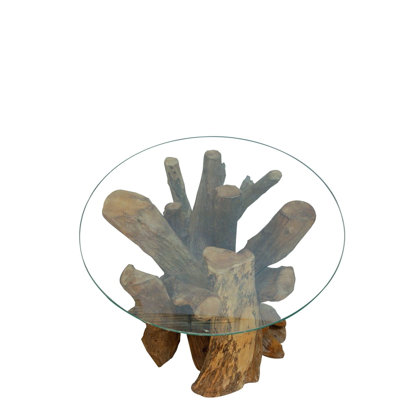 Twiggy - Round Coffee Table In Tempered Glass & Natural Teak Tree Root