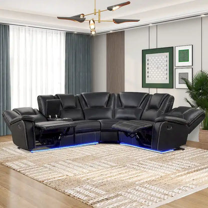 Modern Faux Leather Manual Reclining with Center Console with LED Light Strip,Living Room Furniture Set,PU Symmetrical Couch