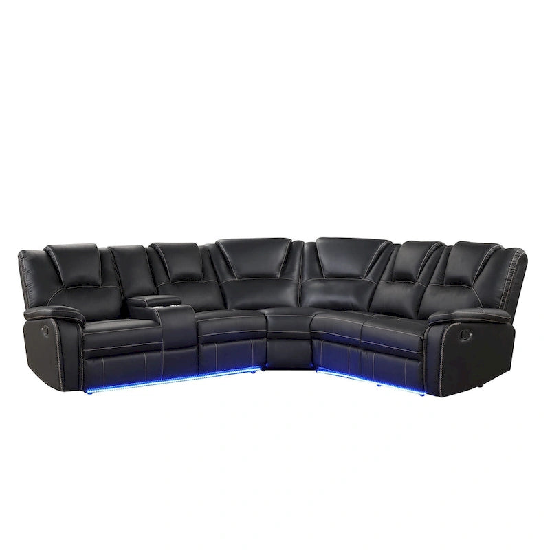 Modern Faux Leather Manual Reclining with Center Console with LED Light Strip,Living Room Furniture Set,PU Symmetrical Couch