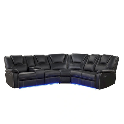 Modern Faux Leather Manual Reclining with Center Console with LED Light Strip,Living Room Furniture Set,PU Symmetrical Couch