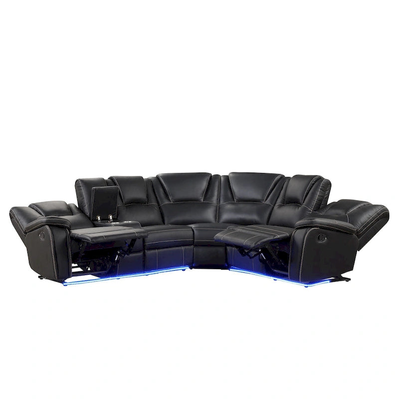 Modern Faux Leather Manual Reclining with Center Console with LED Light Strip,Living Room Furniture Set,PU Symmetrical Couch