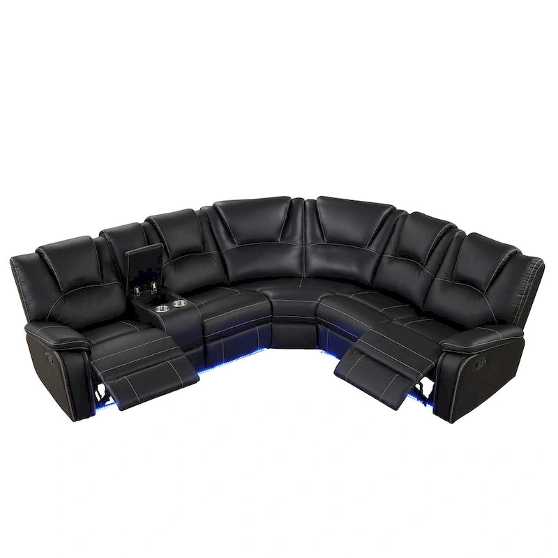 Modern Faux Leather Manual Reclining with Center Console with LED Light Strip,Living Room Furniture Set,PU Symmetrical Couch