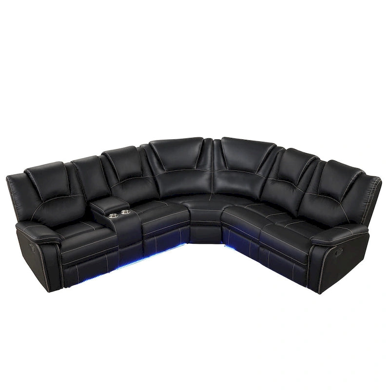 Modern Faux Leather Manual Reclining with Center Console with LED Light Strip,Living Room Furniture Set,PU Symmetrical Couch