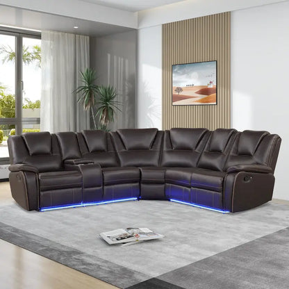 Modern Faux Leather Manual Reclining with Center Console with LED Light Strip,Living Room Furniture Set,PU Symmetrical Couch