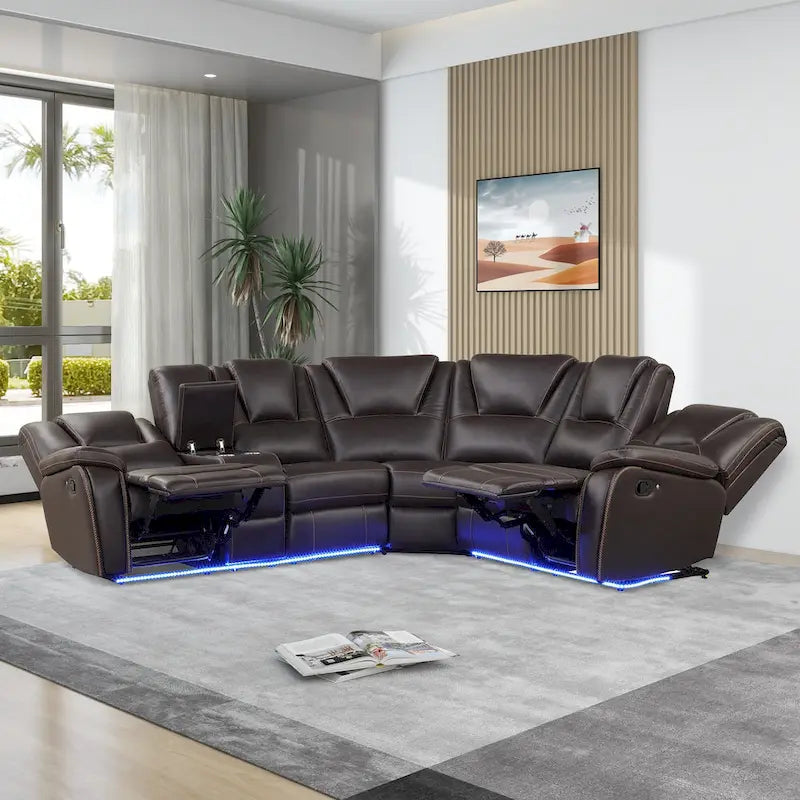 Modern Faux Leather Manual Reclining with Center Console with LED Light Strip,Living Room Furniture Set,PU Symmetrical Couch