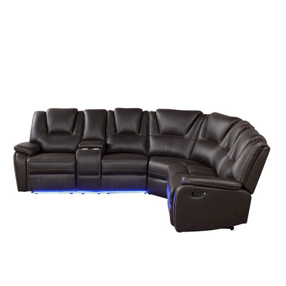 Modern Faux Leather Manual Reclining with Center Console with LED Light Strip,Living Room Furniture Set,PU Symmetrical Couch
