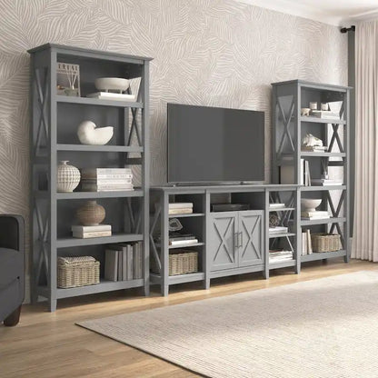 Tall Farmhouse TV Stand with 2 Bookcases by Bush Furniture