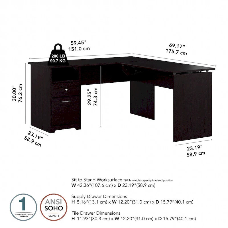60W 3-position L-shaped Sit to Stand Desk by Bush Furniture