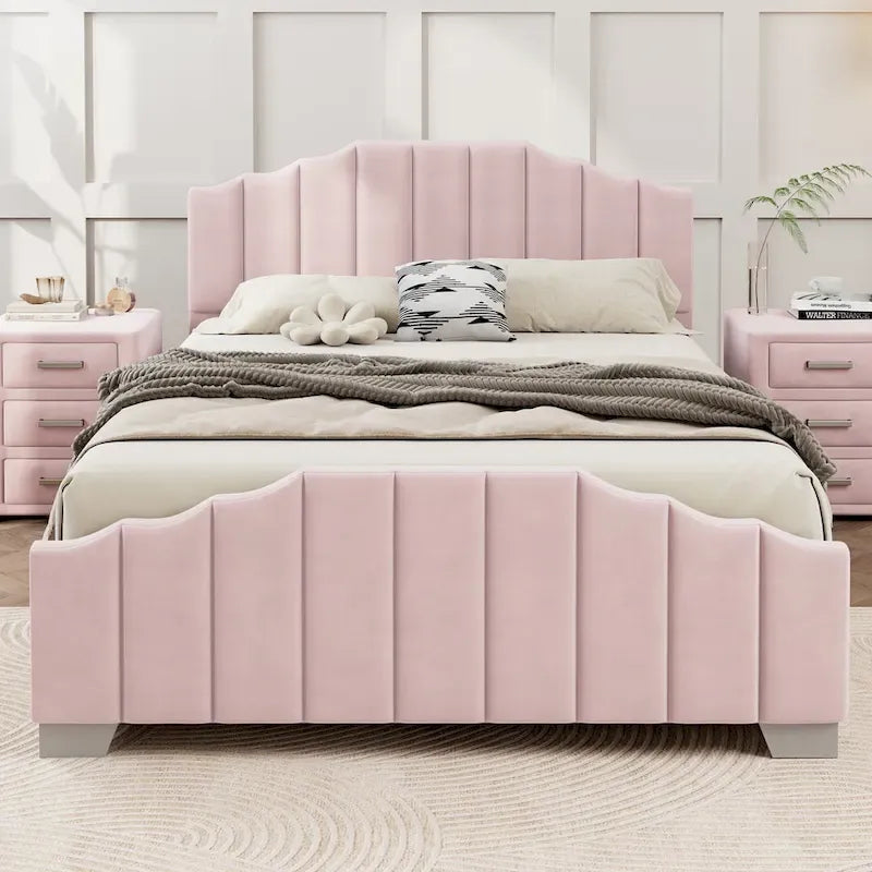 Roomfitters Full/Queen Size Platform Bed, Velvet Upholstered Frame, Tufted Headboard and Footboard, No Box Spring, Beige