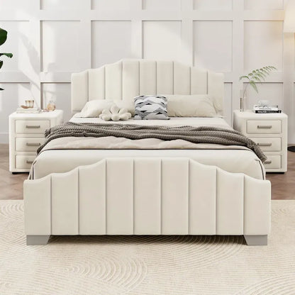 Roomfitters Full/Queen Size Platform Bed, Velvet Upholstered Frame, Tufted Headboard and Footboard, No Box Spring, Beige