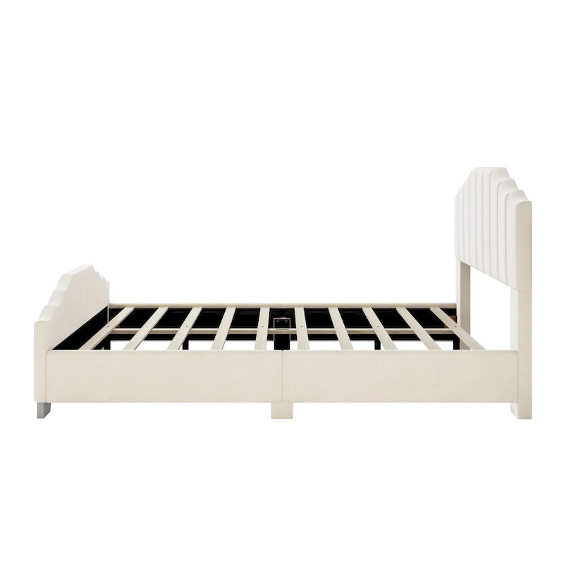 Roomfitters Full/Queen Size Platform Bed, Velvet Upholstered Frame, Tufted Headboard and Footboard, No Box Spring, Beige