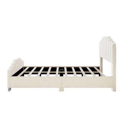 Roomfitters Full/Queen Size Platform Bed, Velvet Upholstered Frame, Tufted Headboard and Footboard, No Box Spring, Beige