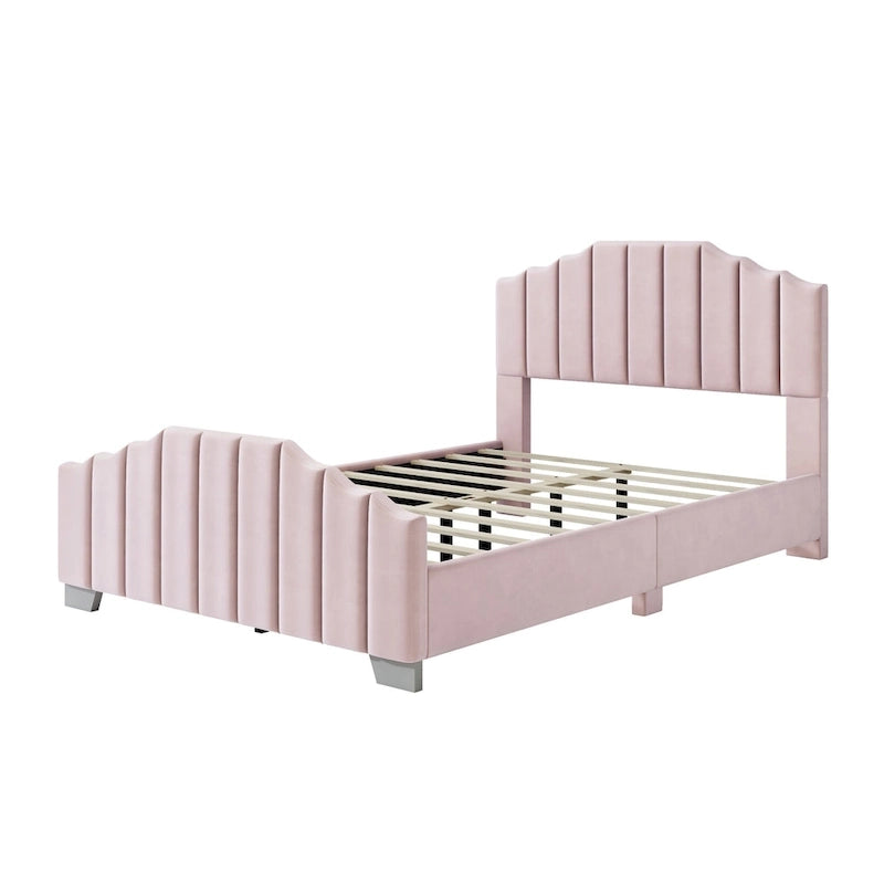 Roomfitters Full/Queen Size Platform Bed, Velvet Upholstered Frame, Tufted Headboard and Footboard, No Box Spring, Beige