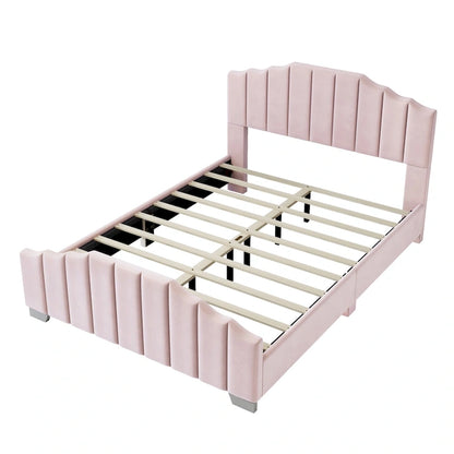 Roomfitters Full/Queen Size Platform Bed, Velvet Upholstered Frame, Tufted Headboard and Footboard, No Box Spring, Beige