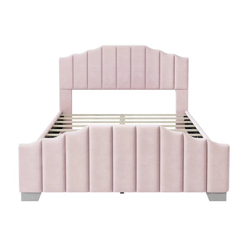 Roomfitters Full/Queen Size Platform Bed, Velvet Upholstered Frame, Tufted Headboard and Footboard, No Box Spring, Beige