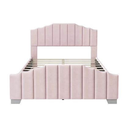 Roomfitters Full/Queen Size Platform Bed, Velvet Upholstered Frame, Tufted Headboard and Footboard, No Box Spring, Beige