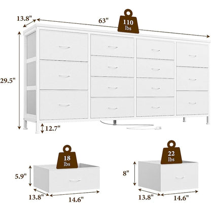 14 Drawer Dresser, 63 Inch White Dresser TV Stand