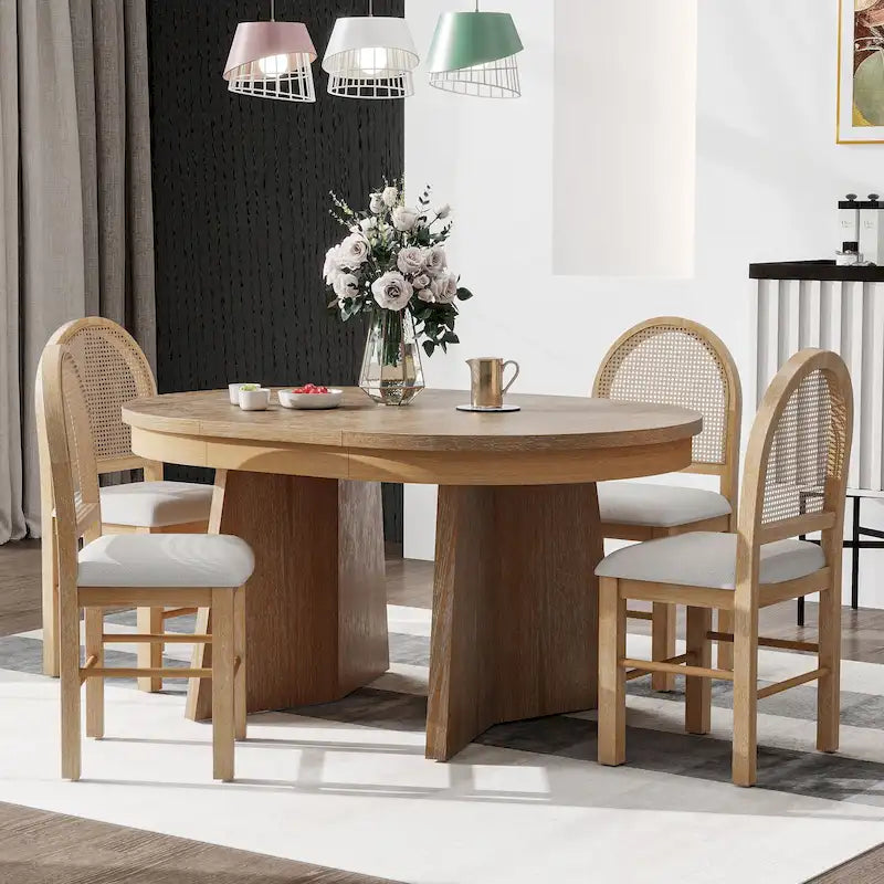 5-Piece Round Dining Table Set for 4, Retro Extendable dining table set with 4 Upholstered Chairs, Kitchen Table and Chairs Set