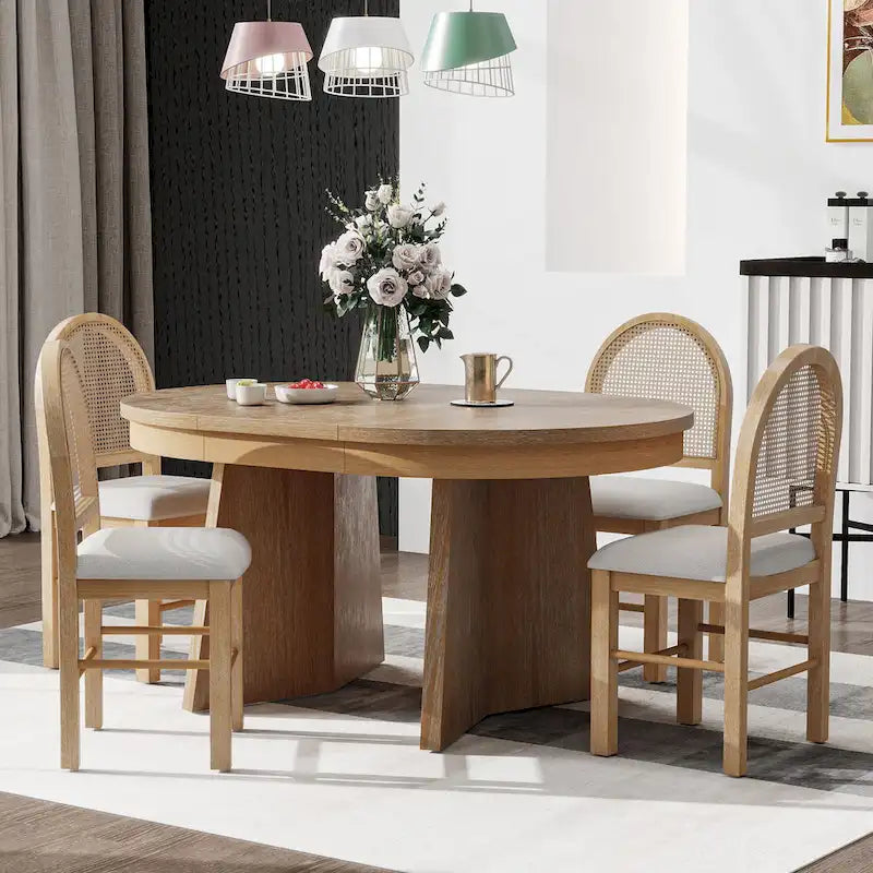 5-Piece Round Dining Table Set for 4, Retro Extendable dining table set with 4 Upholstered Chairs, Kitchen Table and Chairs Set