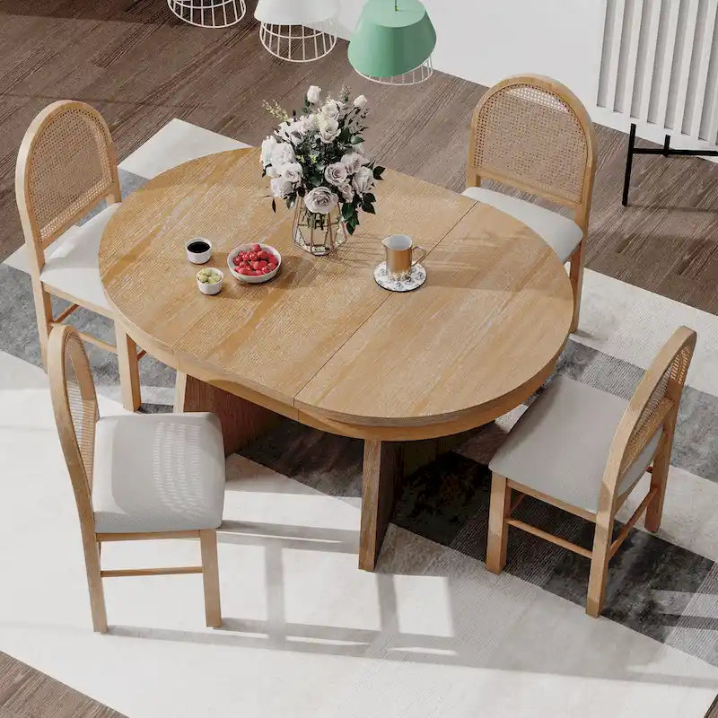 5-Piece Round Dining Table Set for 4, Retro Extendable dining table set with 4 Upholstered Chairs, Kitchen Table and Chairs Set