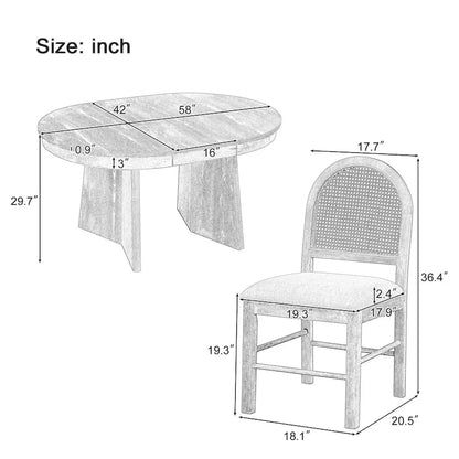 5-Piece Round Dining Table Set for 4, Retro Extendable dining table set with 4 Upholstered Chairs, Kitchen Table and Chairs Set