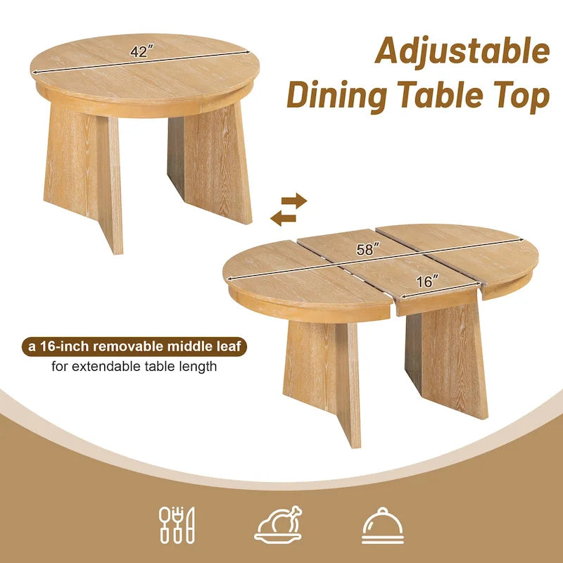 5-Piece Round Dining Table Set for 4, Retro Extendable dining table set with 4 Upholstered Chairs, Kitchen Table and Chairs Set