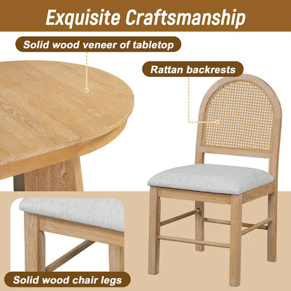 5-Piece Round Dining Table Set for 4, Retro Extendable dining table set with 4 Upholstered Chairs, Kitchen Table and Chairs Set