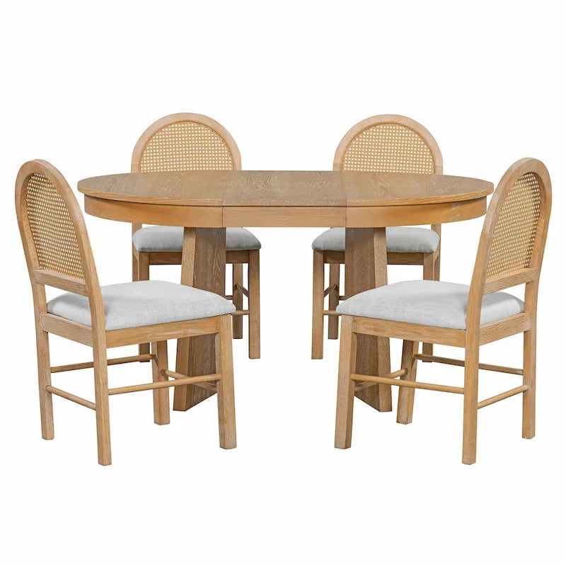 5-Piece Round Dining Table Set for 4, Retro Extendable dining table set with 4 Upholstered Chairs, Kitchen Table and Chairs Set