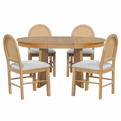 5-Piece Round Dining Table Set for 4, Retro Extendable dining table set with 4 Upholstered Chairs, Kitchen Table and Chairs Set