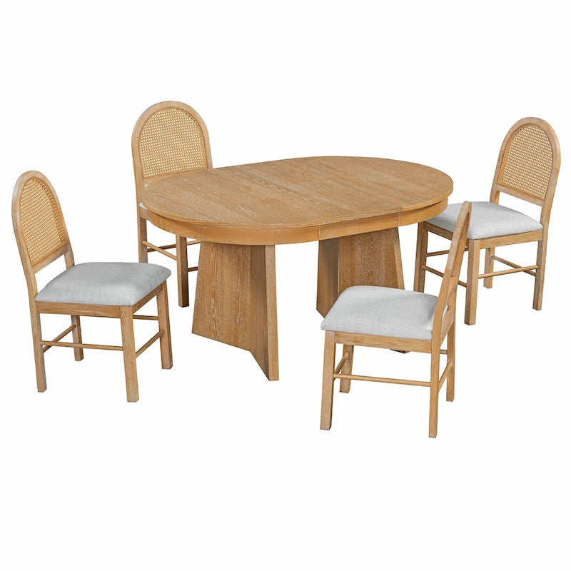 5-Piece Round Dining Table Set for 4, Retro Extendable dining table set with 4 Upholstered Chairs, Kitchen Table and Chairs Set