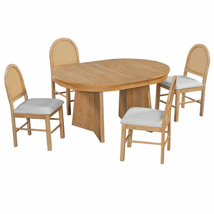 5-Piece Round Dining Table Set for 4, Retro Extendable dining table set with 4 Upholstered Chairs, Kitchen Table and Chairs Set