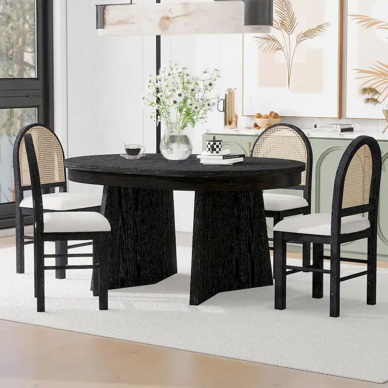 5-Piece Round Dining Table Set for 4, Retro Extendable dining table set with 4 Upholstered Chairs, Kitchen Table and Chairs Set