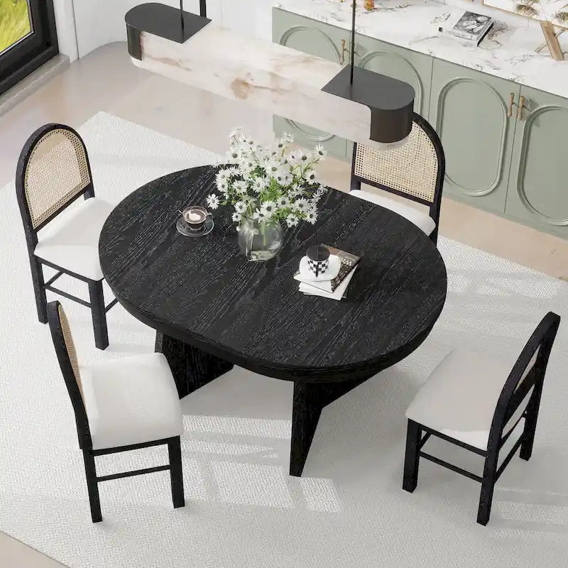 5-Piece Round Dining Table Set for 4, Retro Extendable dining table set with 4 Upholstered Chairs, Kitchen Table and Chairs Set