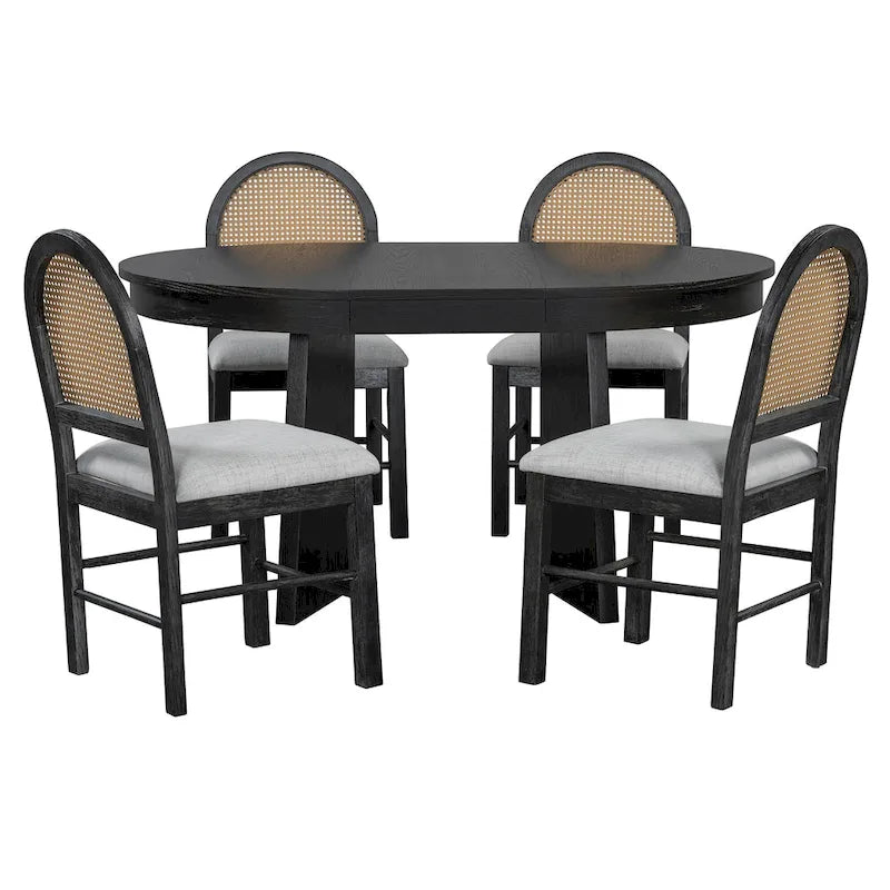 5-Piece Round Dining Table Set for 4, Retro Extendable dining table set with 4 Upholstered Chairs, Kitchen Table and Chairs Set