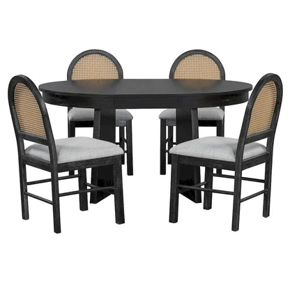5-Piece Round Dining Table Set for 4, Retro Extendable dining table set with 4 Upholstered Chairs, Kitchen Table and Chairs Set