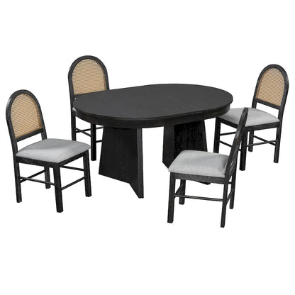 5-Piece Round Dining Table Set for 4, Retro Extendable dining table set with 4 Upholstered Chairs, Kitchen Table and Chairs Set