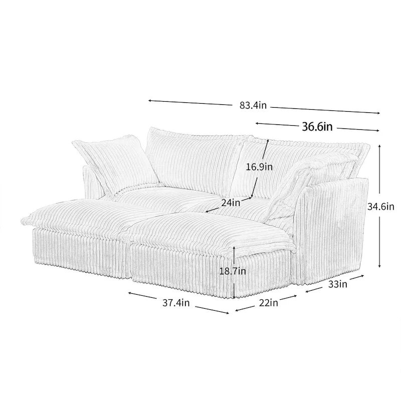 83.4 Corduroy 2-Seater Sofa Set with 2 Ottomans & Sleeper Function and Removable Slipcovers