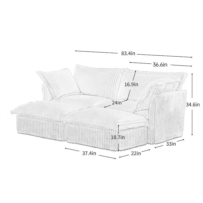 83.4 Corduroy 2-Seater Sofa Set with 2 Ottomans & Sleeper Function and Removable Slipcovers