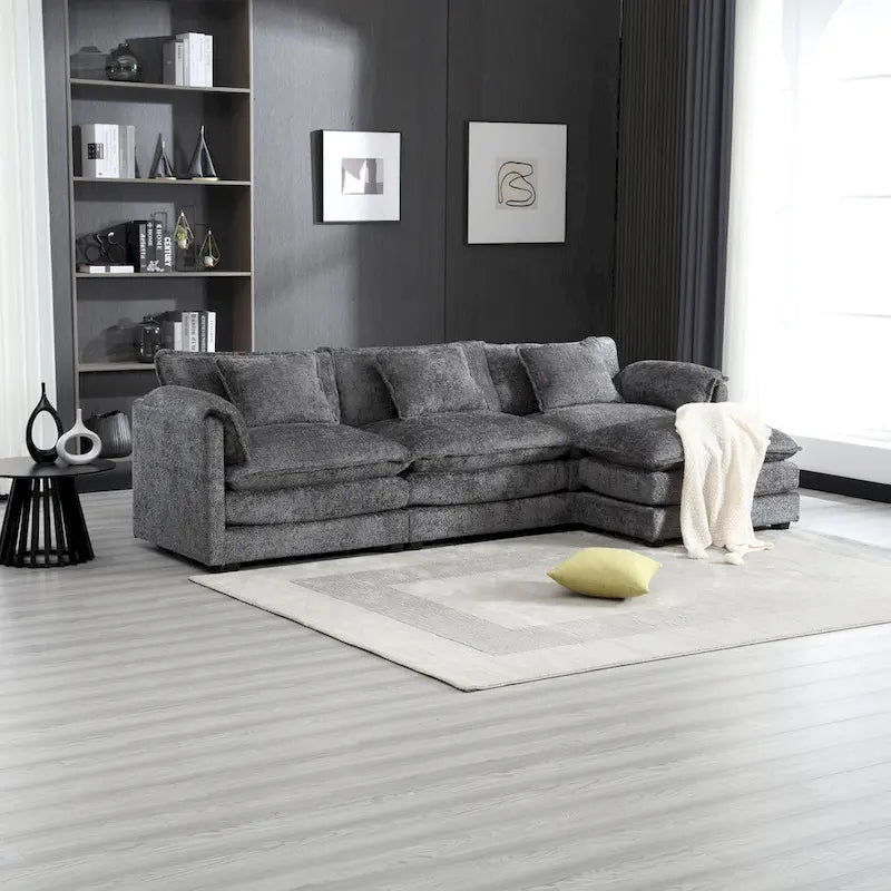 Modular L-Shaped Sectional Sofa, Chenille Fabric 3-Seater Sofa Couch with Chaise and Detachable Armrests for Living Room