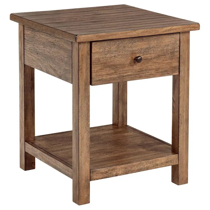 Ayne Side End Table, 1 Shelf, 1 Drawer, Brown Wood, Square 20 Inch
