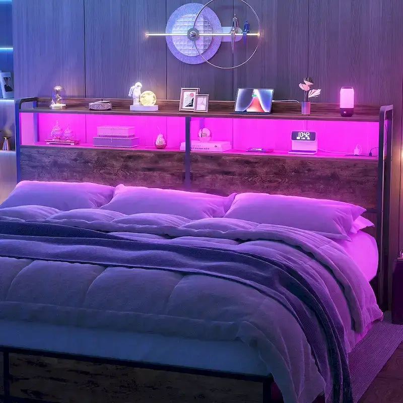 Headboard with Storage Drawers and LED Light, Head Board with Outlets, USB Ports