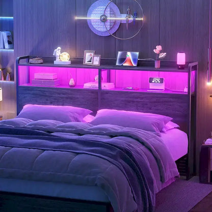 Headboard with Storage Drawers and LED Light, Head Board with Outlets, USB Ports