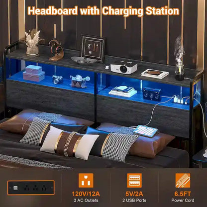 Headboard with Storage Drawers and LED Light, Head Board with Outlets, USB Ports