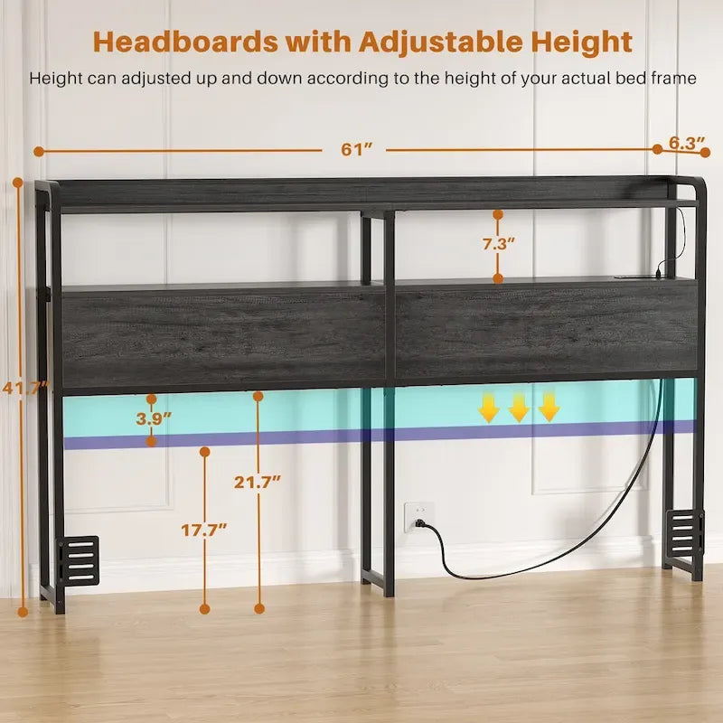 Headboard with Storage Drawers and LED Light, Head Board with Outlets, USB Ports