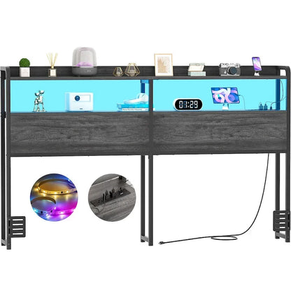 Headboard with Storage Drawers and LED Light, Head Board with Outlets, USB Ports