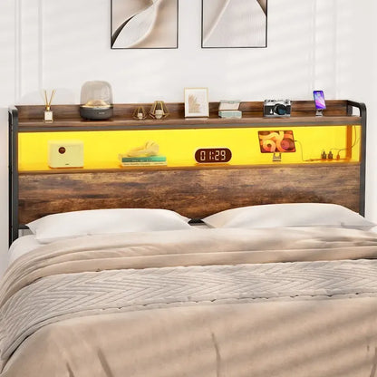 Headboard with Storage Drawers and LED Light, Head Board with Outlets, USB Ports