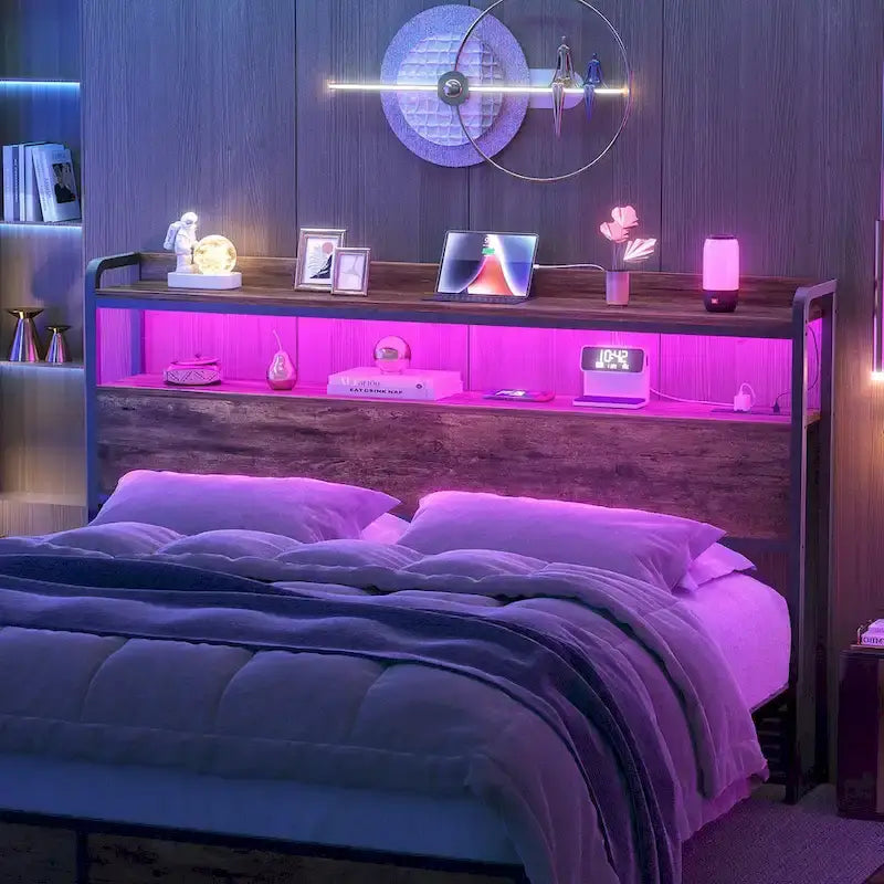 Headboard with Storage Drawers and LED Light, Head Board with Outlets, USB Ports