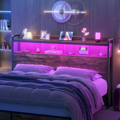 Headboard with Storage Drawers and LED Light, Head Board with Outlets, USB Ports