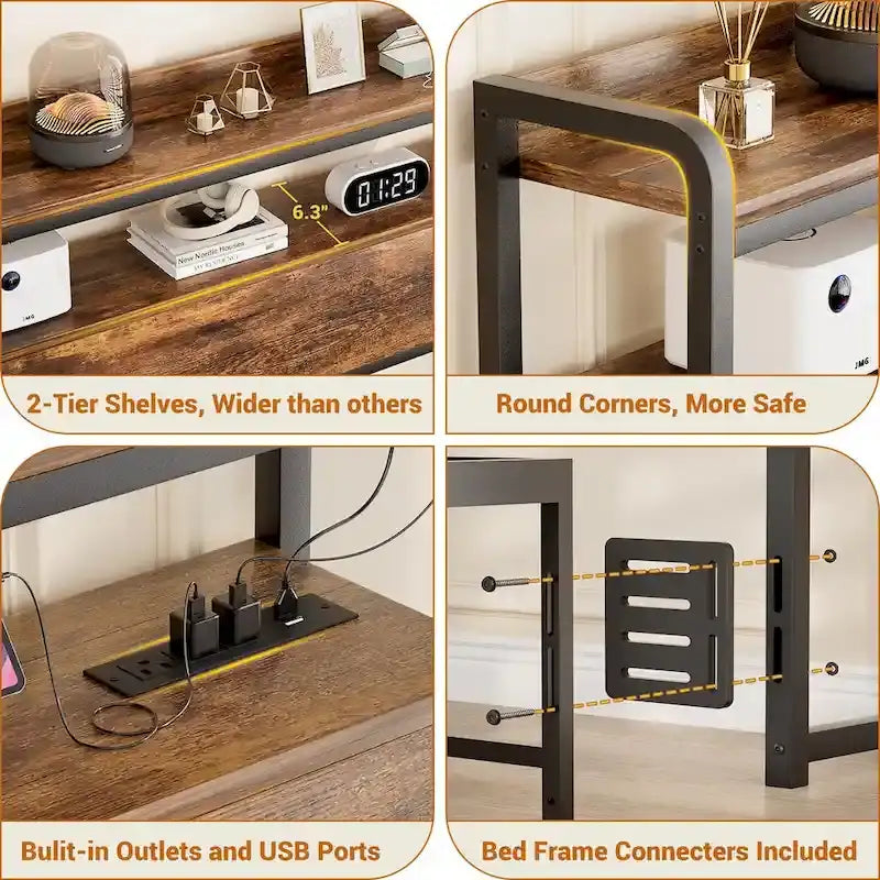 Headboard with Storage Drawers and LED Light, Head Board with Outlets, USB Ports